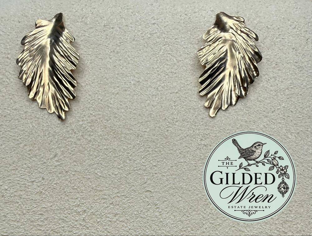 JCM 14K Solid Gold Sculptural Leaf Earrings 1.9” Long Textured Estate Fine